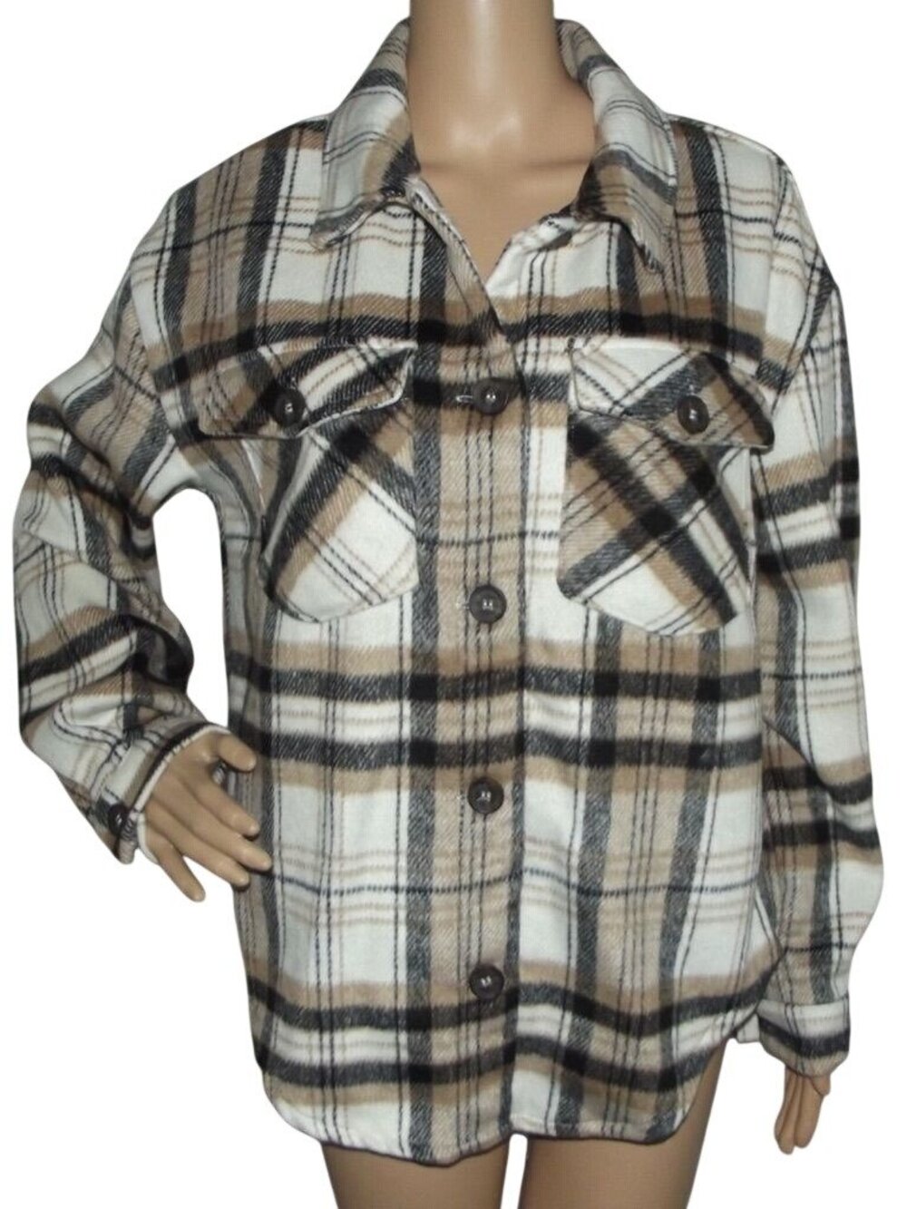 Love Tree Shacket Shirt Women Size Small Plaid Fleece black beige tan oversized